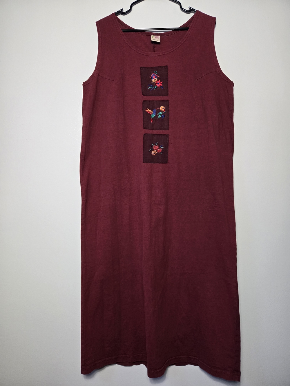 Vintage Cactus Collection Embroidered Bird Maroon Maxi Dress Made In USA XL